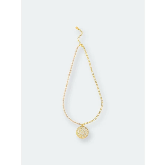 Rivka Friedman Pearl & Chain Medallion Drop Necklace Necklaces Gold 1 Rivka Friedman Pearl & Chain Medallion Drop Necklace Necklaces Gold