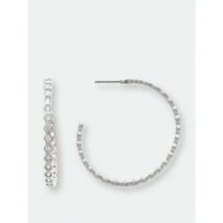 Rivka Friedman White Rhodium Bezel Hoop Earrings 1.5" Silver