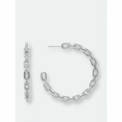 Rivka Friedman Rhodium Chain + Cubic Zirconia Hoop Earrings White Rhodium