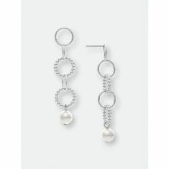 Rivka Friedman Rhodium Circle Link And Synthetic Pearl Drop Earrings