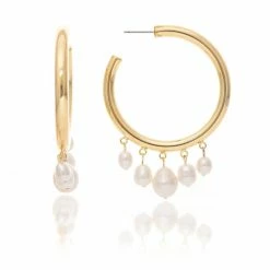 Rivka Friedman Pearl Dangle Hoop Earrings Pearl/gold