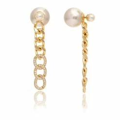 Rivka Friedman Pearl Front-Back + Cubic Zirconia Chain Dangle Earrings Gold