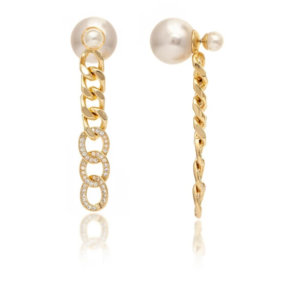 Rivka Friedman Pearl Front-Back + Cubic Zirconia Chain Dangle Earrings Gold 1 Rivka Friedman Pearl Front-Back + Cubic Zirconia Chain Dangle Earrings Gold