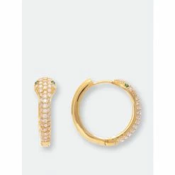 Rivka Friedman Cubic Zirconia Encrusted Snake Head With Emerald Crystal Eyes Earrings Gold/green