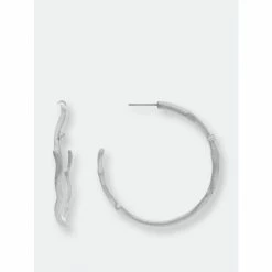 Rivka Friedman Rhodium Bamboo + CZ Hoop Earrings Silver