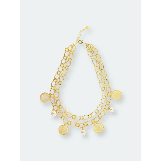 Rivka Friedman Double Chain Pearl Medallion Necklace Necklaces Gold 1 Rivka Friedman Double Chain Pearl Medallion Necklace Necklaces Gold