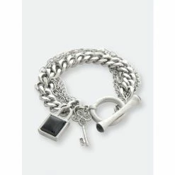 Rivka Friedman Multi Chain White Rhodium Gem Stone Charm Toggle Bracelet Bracelets Silver