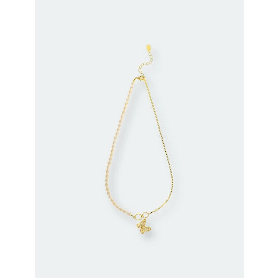 Rivka Friedman Pearl & Chain Necklace With Butterfly CZ Charm Necklaces Gold 1 Rivka Friedman Pearl & Chain Necklace With Butterfly CZ Charm Necklaces Gold
