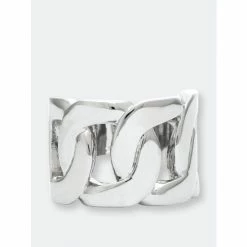 Rivka Friedman White Rhodium Clad Solid Curb Link Chain Motif Polished Ring Rings