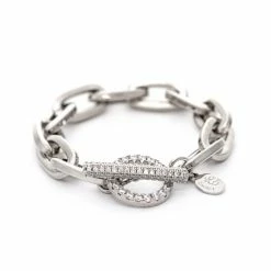 Rivka Friedman Rhodium Paperclip Pave Cubic Zirconia Toggle Polished Bracelet Bracelets Silver