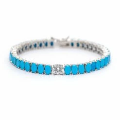 Rivka Friedman White Rhodium Clad Oval Turquoise + Cubic Zirconia Line Bracelet Bracelets