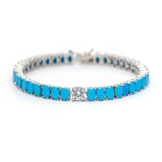 Rivka Friedman White Rhodium Clad Oval Turquoise + Cubic Zirconia Line Bracelet Bracelets 1 Rivka Friedman White Rhodium Clad Oval Turquoise + Cubic Zirconia Line Bracelet Bracelets