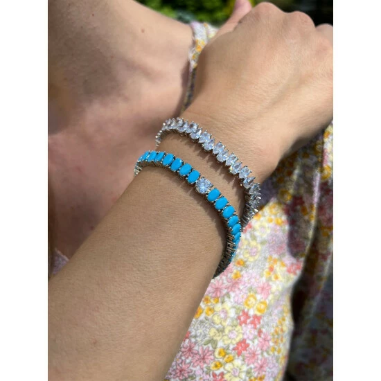 Rivka Friedman White Rhodium Clad Oval Turquoise + Cubic Zirconia Line Bracelet Bracelets 2 Rivka Friedman White Rhodium Clad Oval Turquoise + Cubic Zirconia Line Bracelet Bracelets - Image 2