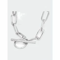 Rivka Friedman Rhodium Paper Clip Chain + Cubic Zirconia Toggle Necklace Necklaces Silver